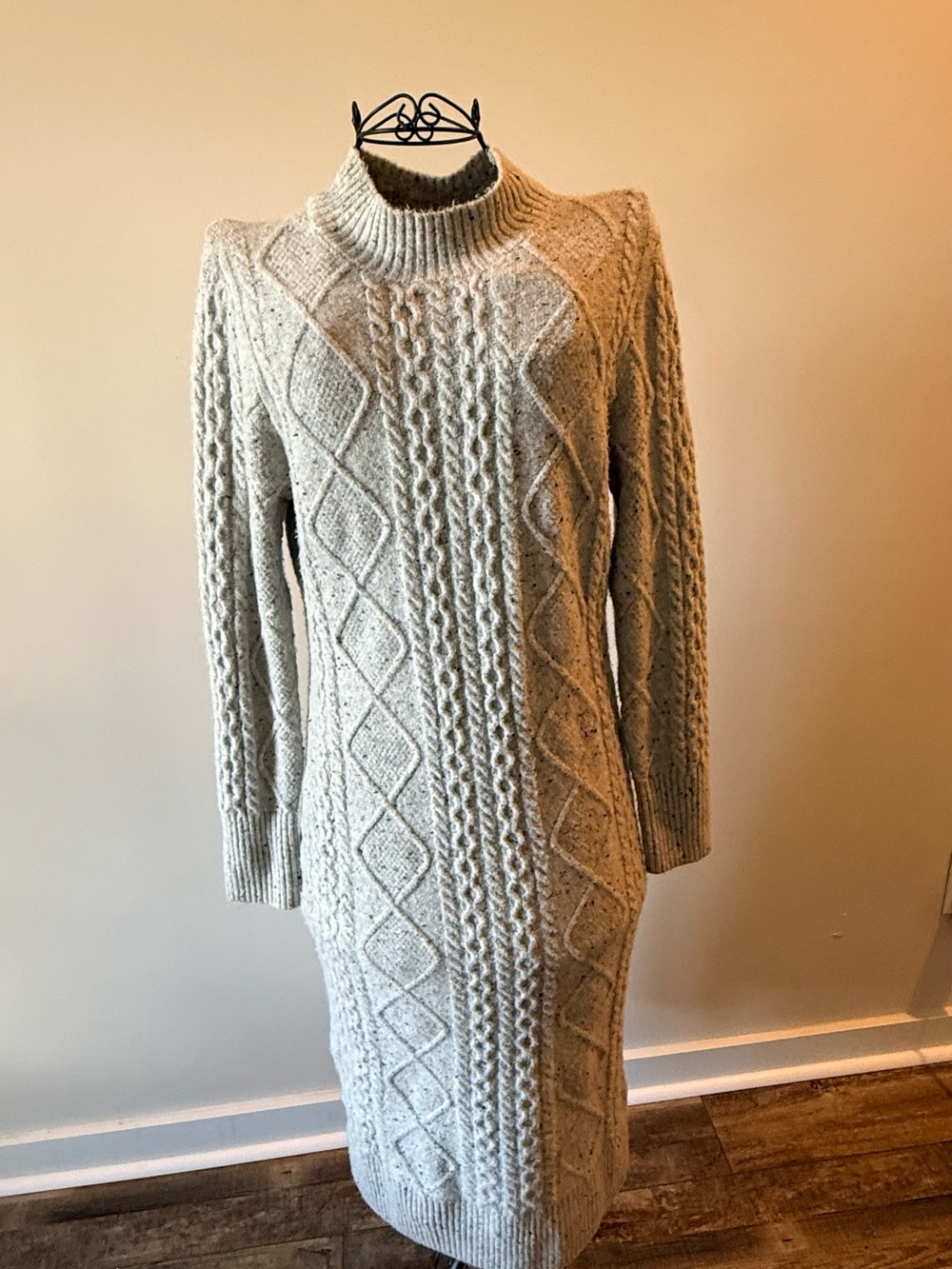 Lucky Brand - Cable Knit Mock Neck Sweater Dress - M - Light Heather Grey